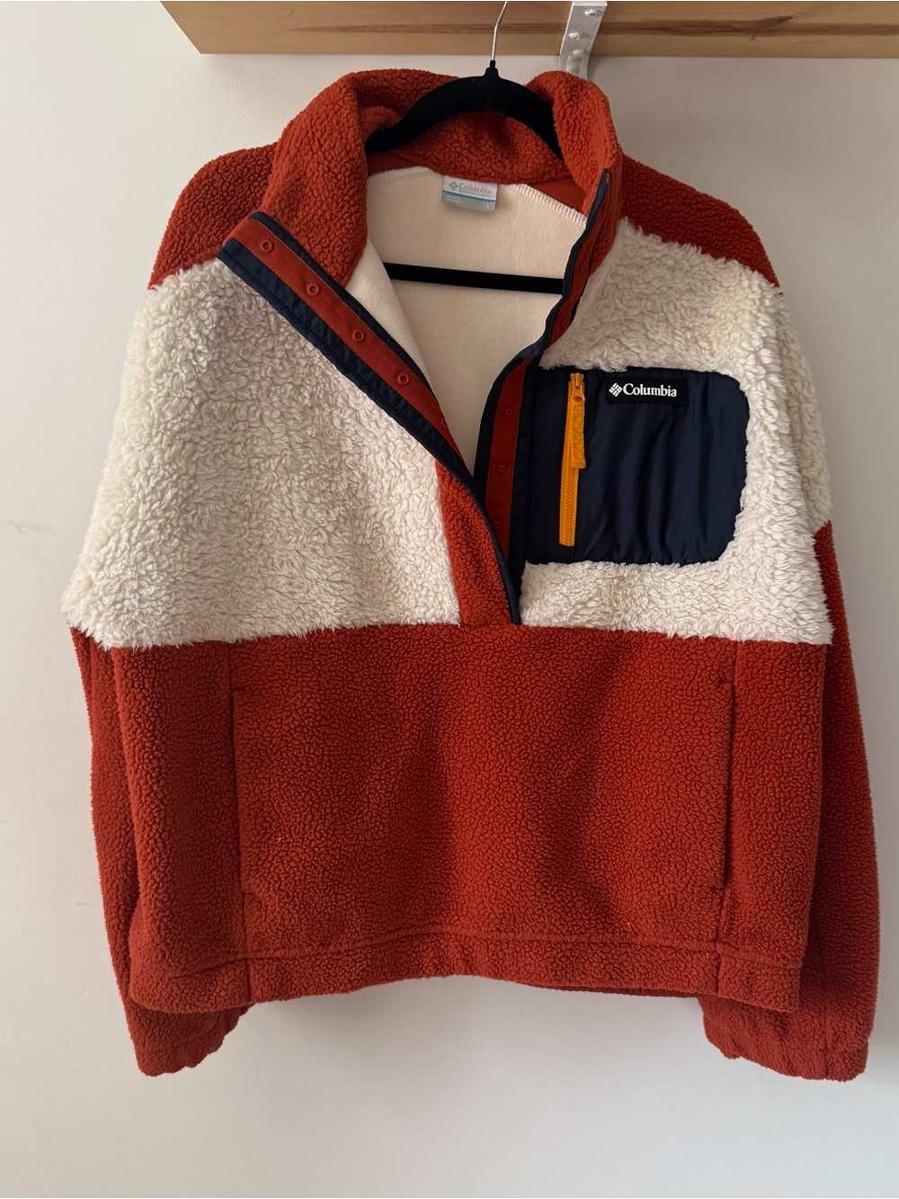 Columbia Rust, Cream & Navy Sherpa Pullover with Yellow Zip